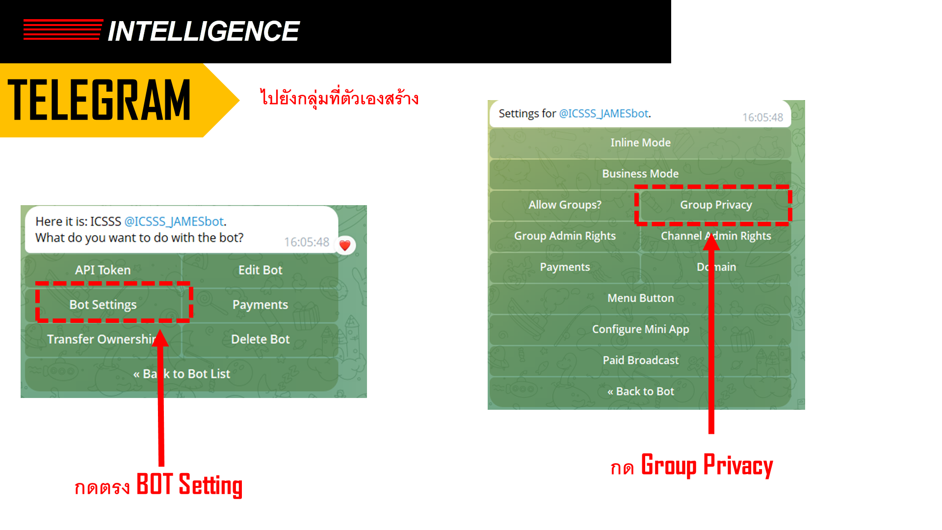 Slide 35: Bot Settings / Group Privacy